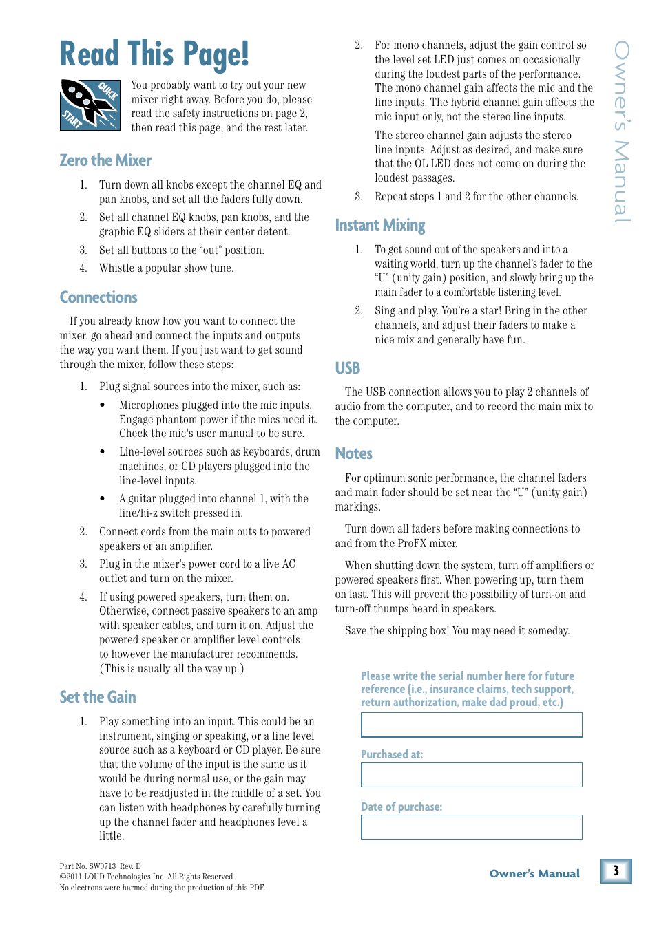 Read this page, Owner’ s manual, Instant mixing | Zero the mixer, Connections, Set the gain | MACKIE ProFX12 User Manual | Page 3 / 33