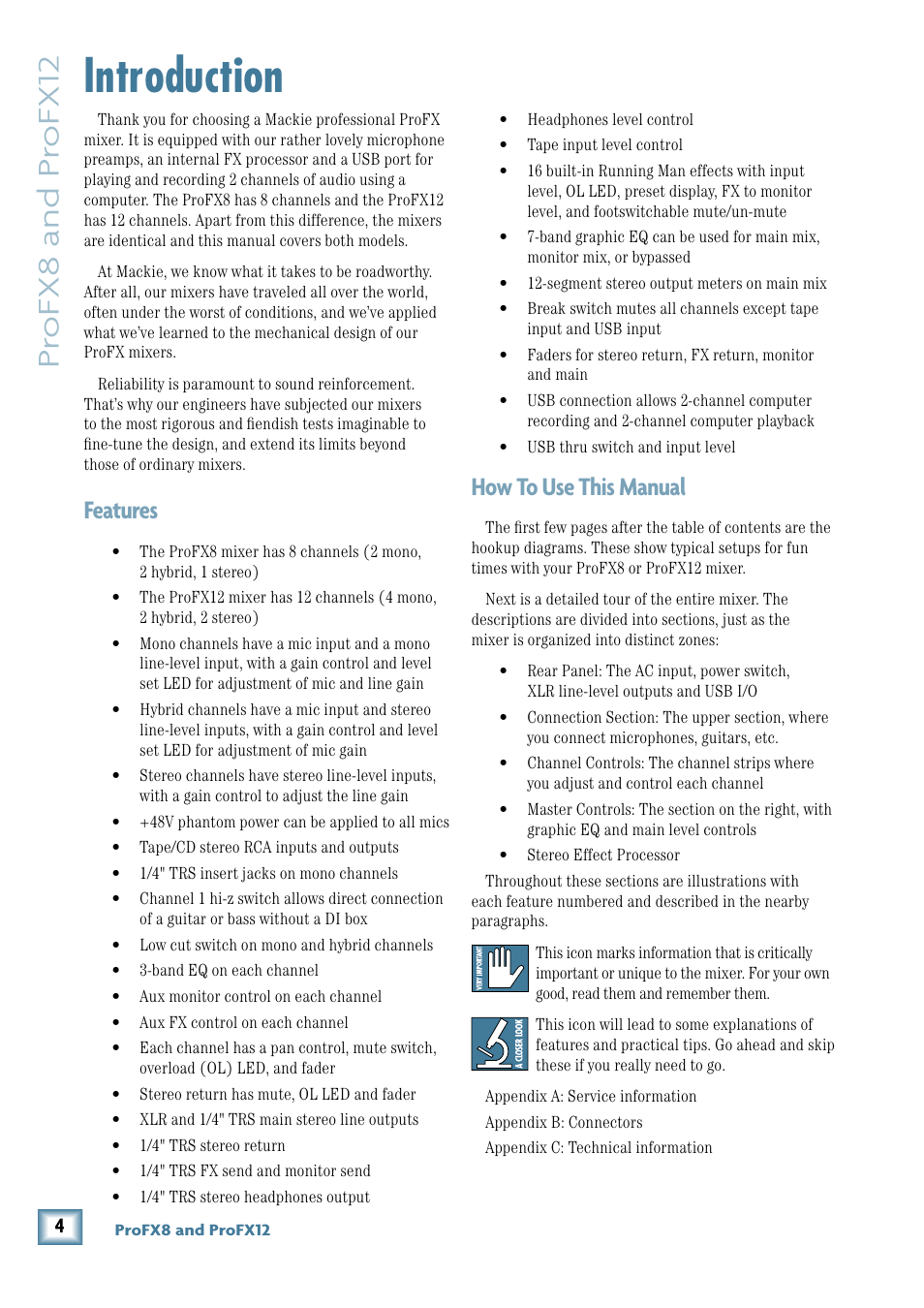Introduction, Pr ofx8 and pr ofx12, Features | How to use this manual | MACKIE ProFX12 User Manual | Page 4 / 33