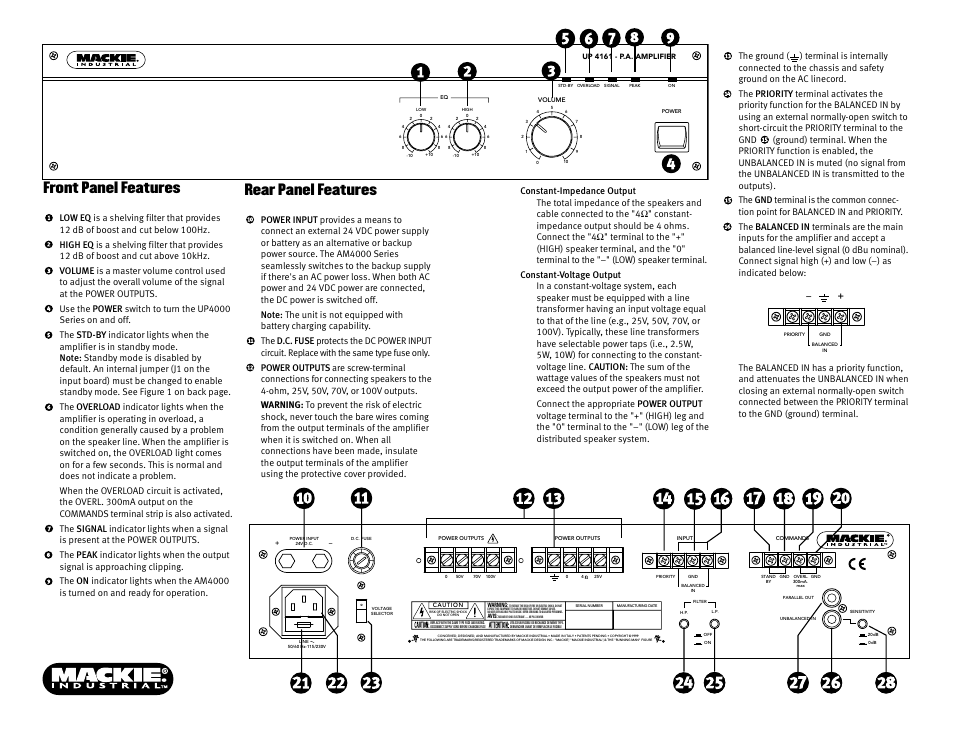 Front panel features, Rear panel features | MACKIE UP4000 User Manual | Page 2 / 2