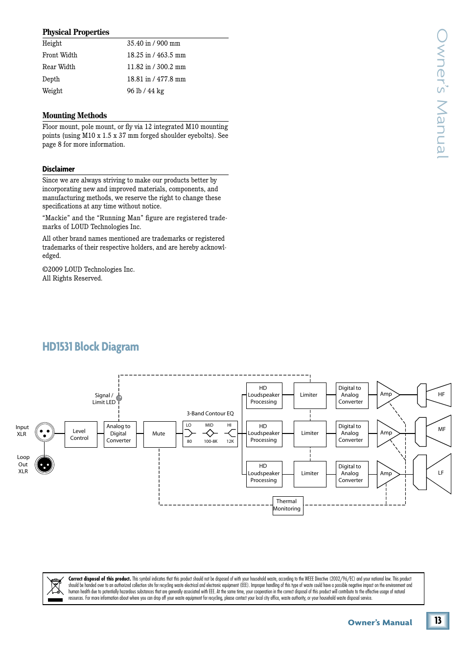 Hd1531 block diagram, Owner’ s manual | MACKIE HD1531 User Manual | Page 13 / 16