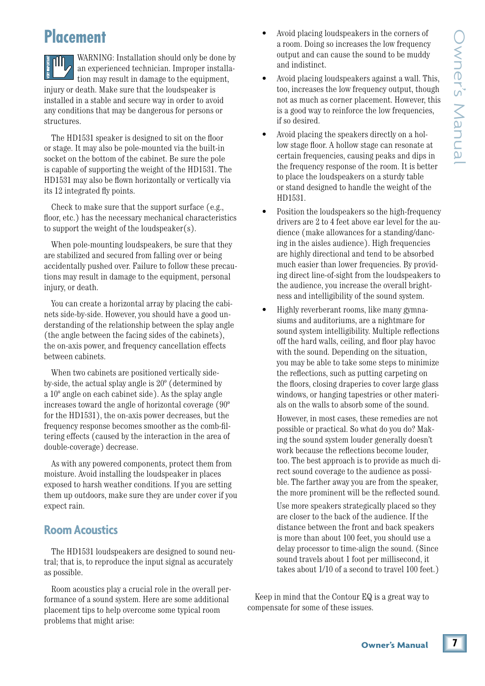 Placement, Room acoustics, Owner’ s manual | MACKIE HD1531 User Manual | Page 7 / 16