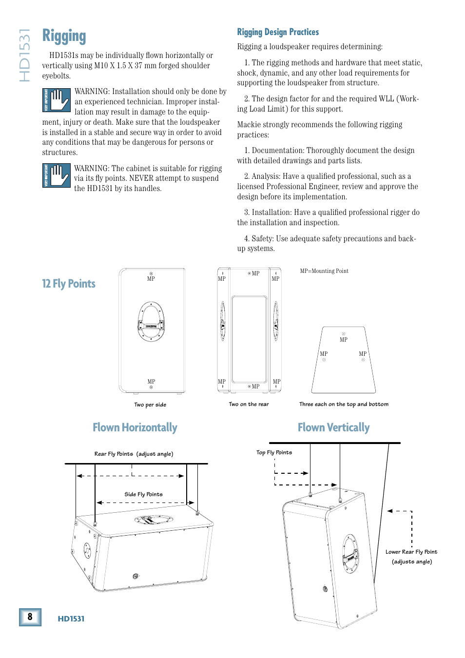 Rigging, Rigging design practices, Hd15 31 | Flown vertically flown horizontally 1 fly points | MACKIE HD1531 User Manual | Page 8 / 16