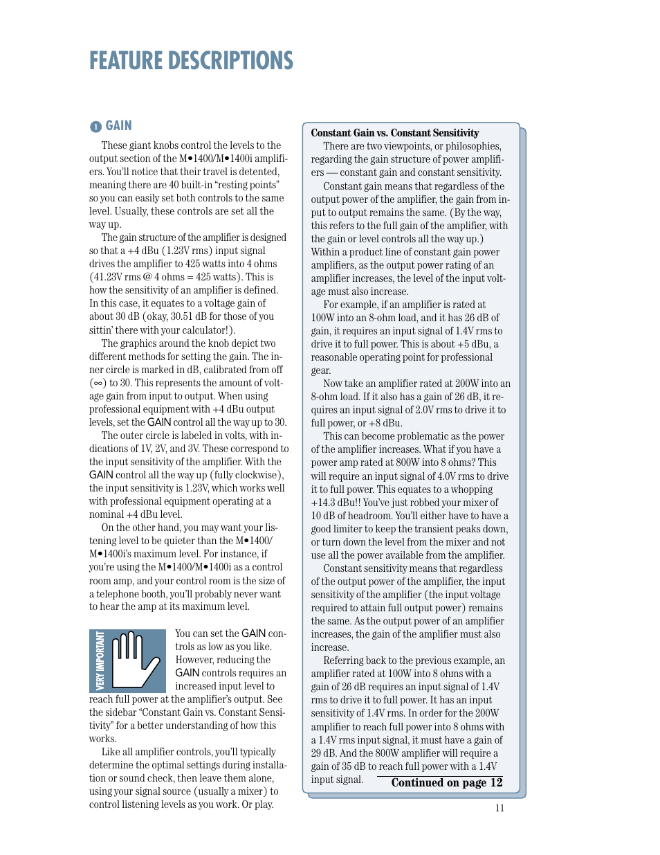 Feature descriptions, Gain | MACKIE M1400/M1400i User Manual | Page 11 / 32