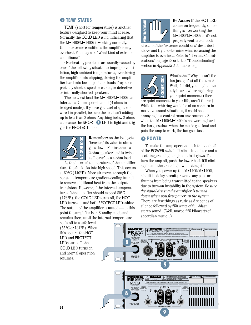 Temp status, Power, Protect | Short | MACKIE M1400/M1400i User Manual | Page 14 / 32