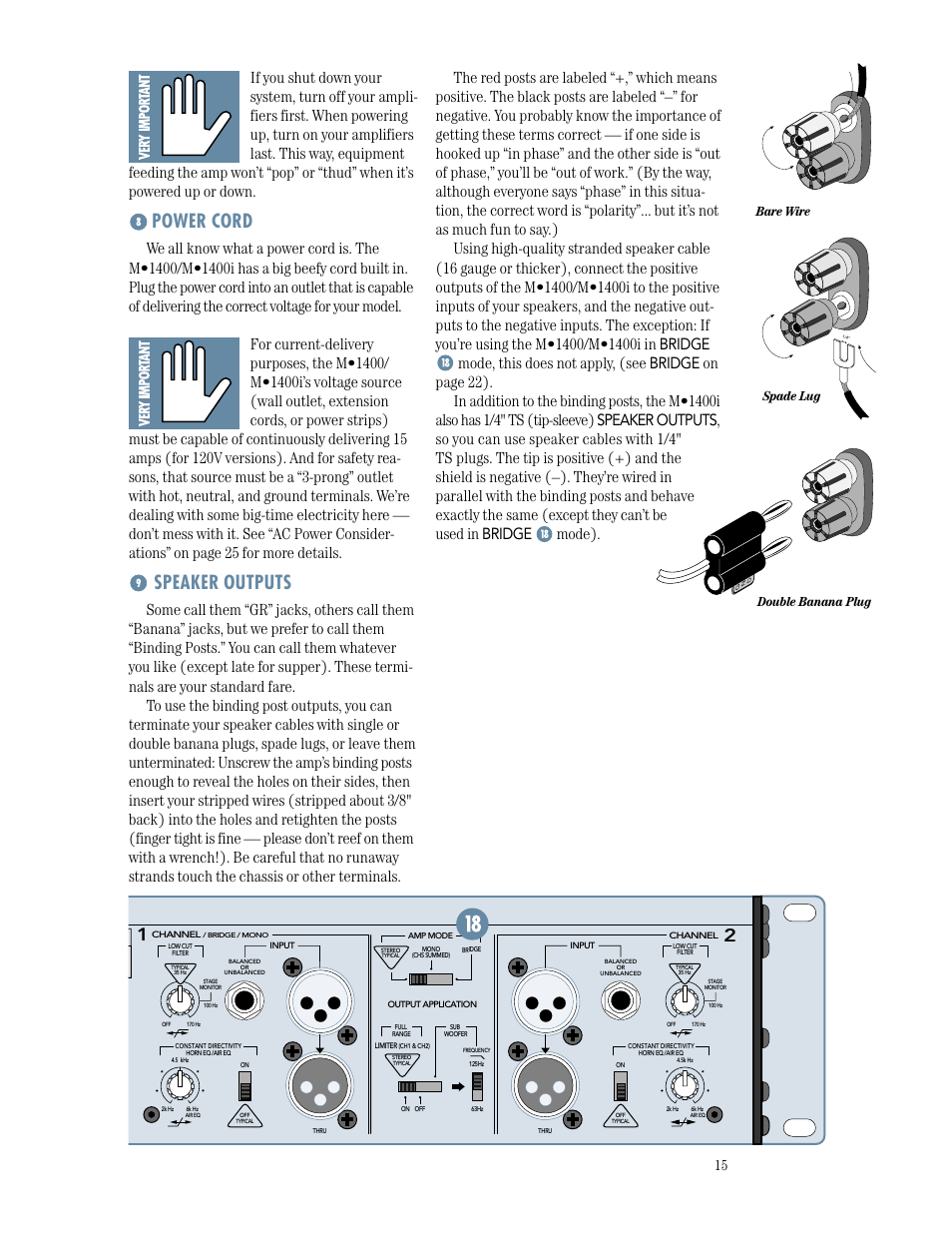 Power cord, Speaker outputs, Temp status | Power, Bare wire double banana plug, Spade lug | MACKIE M1400/M1400i User Manual | Page 15 / 32