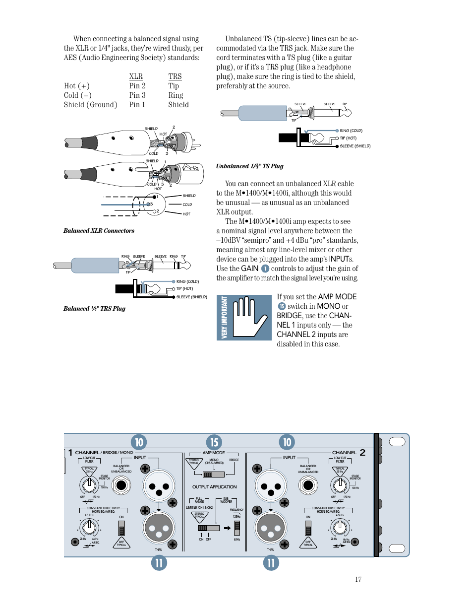 Speaker outputs, Unbalanced 1/4" ts plug, Balanced xlr connectors balanced | Trs plug | MACKIE M1400/M1400i User Manual | Page 17 / 32