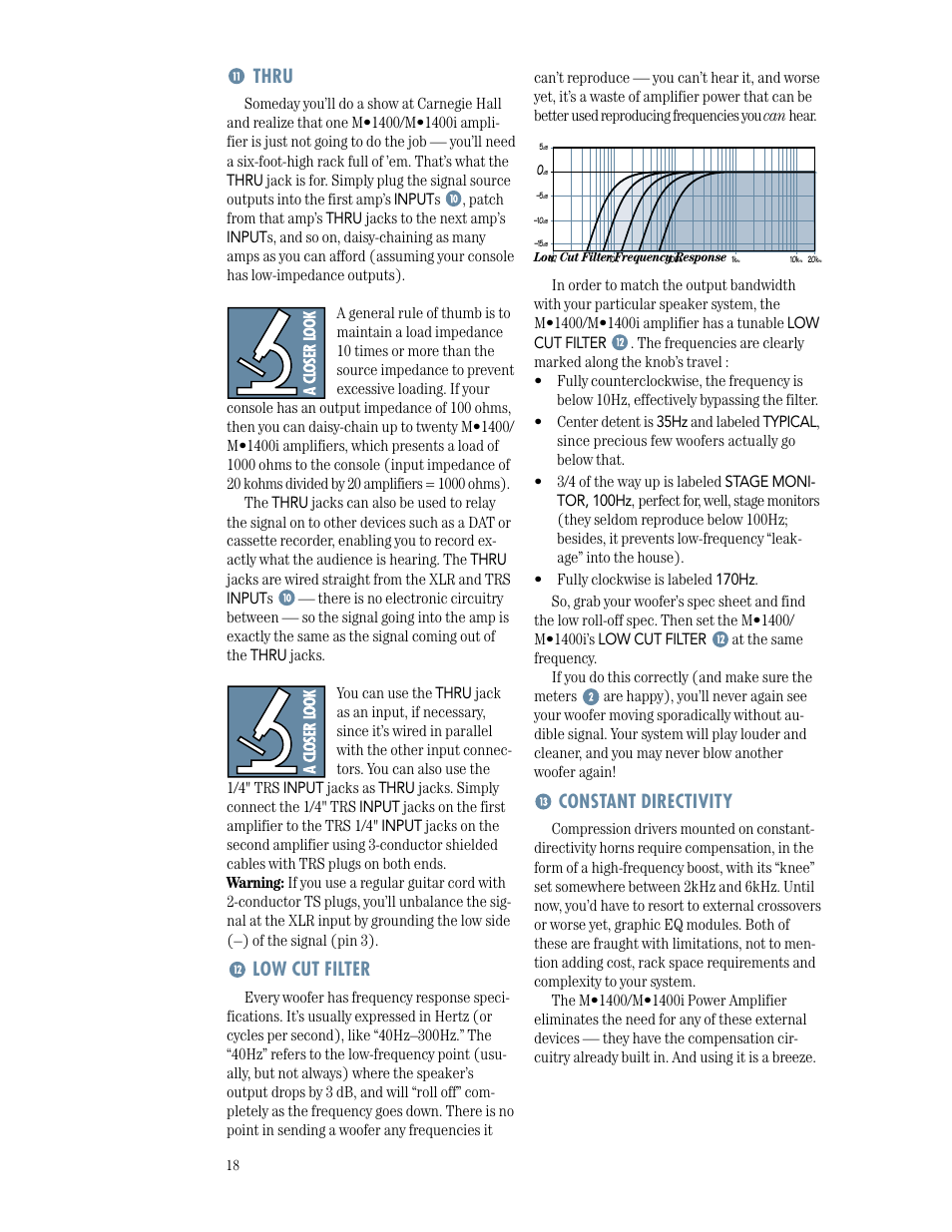 Thru, Low cut filter, Constant directivity | Input | MACKIE M1400/M1400i User Manual | Page 18 / 32