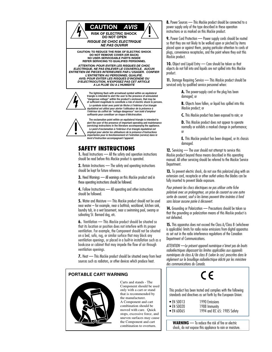 Safety instructions, Caution avis | MACKIE M1400/M1400i User Manual | Page 2 / 32