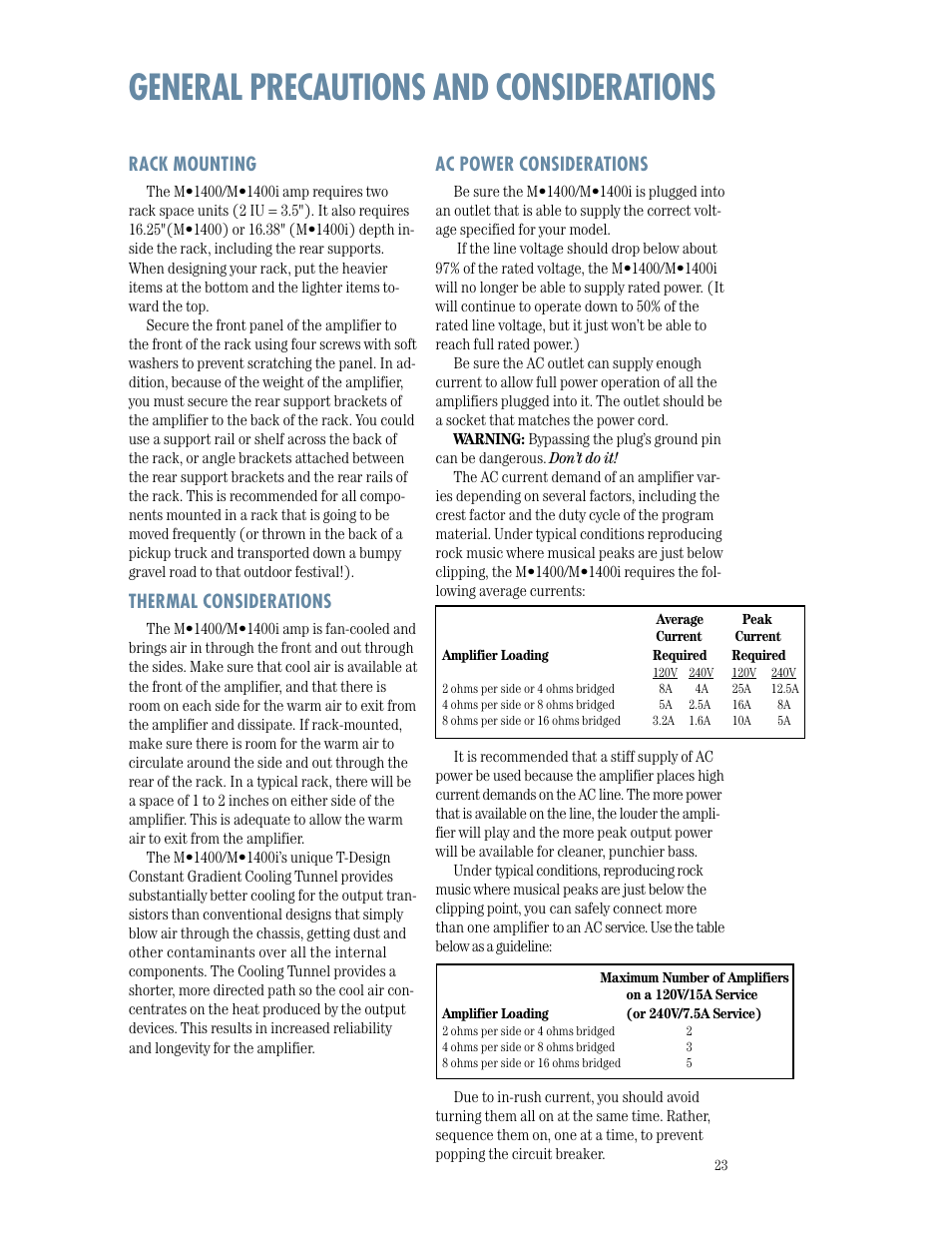 General precautions and considerations, Rack mounting, Thermal considerations | Ac power considerations, Limiter, Subwoofer | MACKIE M1400/M1400i User Manual | Page 23 / 32