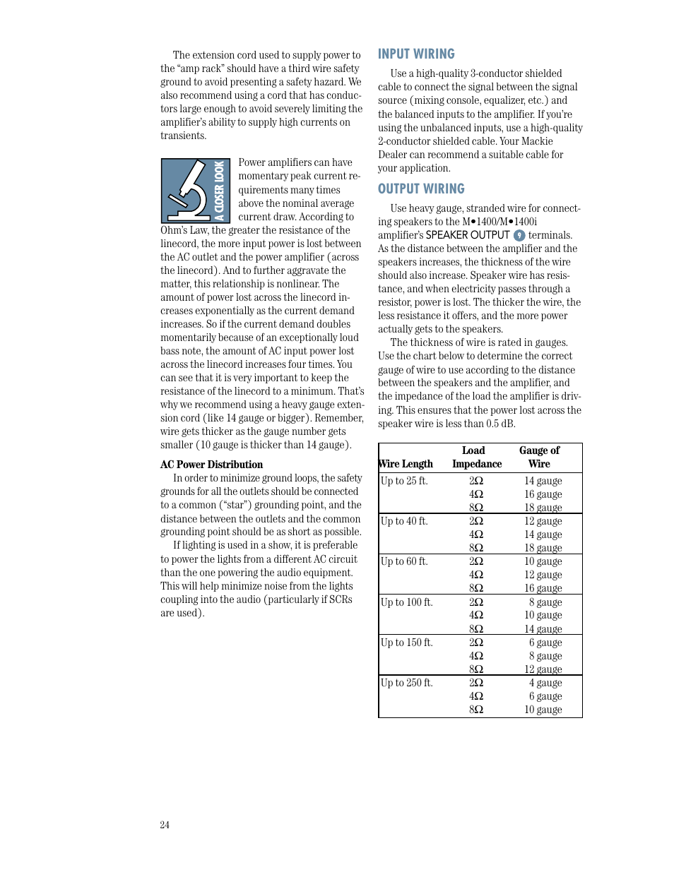 Input wiring, Output wiring, Thermal considerations | Ac power considerations | MACKIE M1400/M1400i User Manual | Page 24 / 32