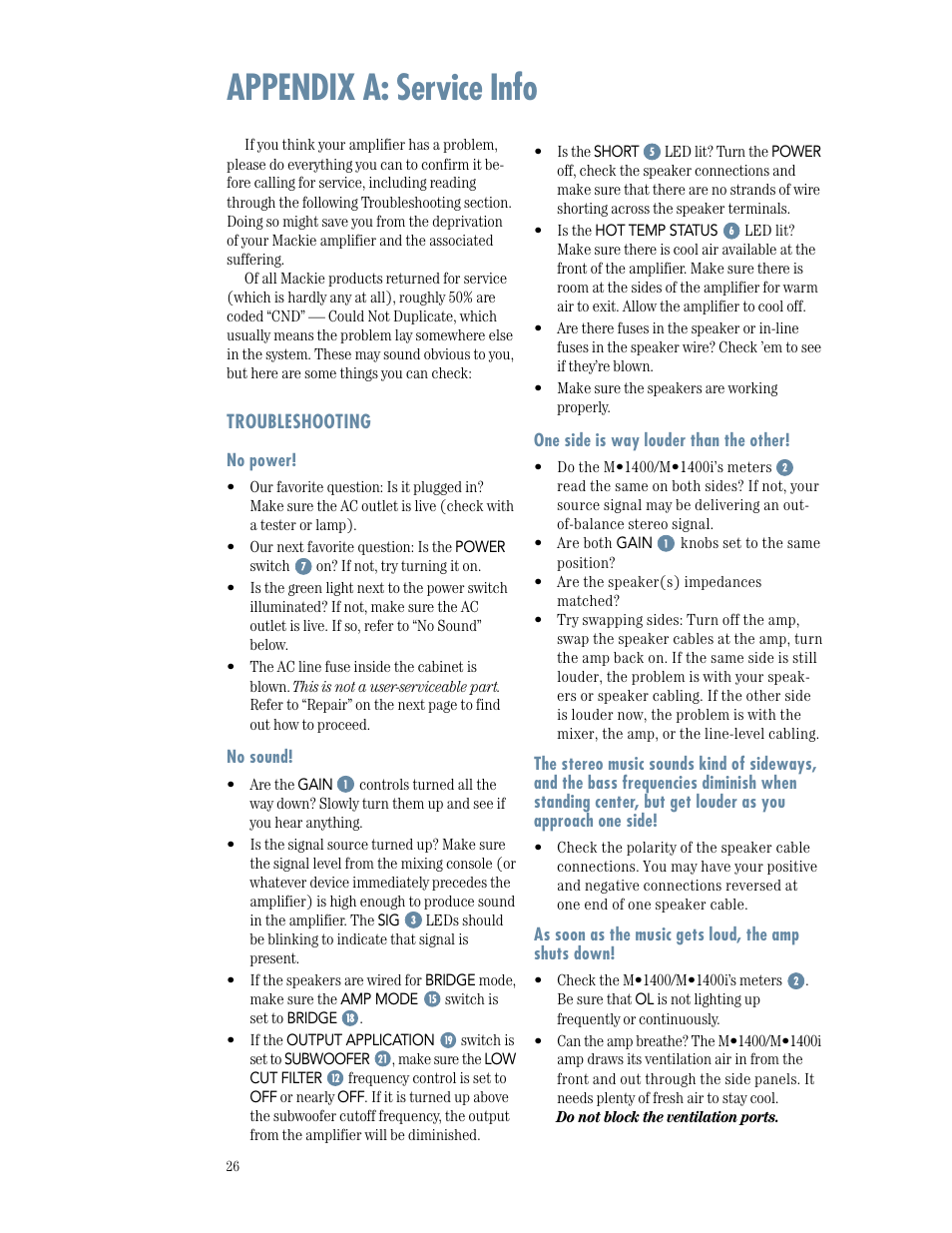 Appendix a: service info, Troubleshooting, 70v distribution systems | MACKIE M1400/M1400i User Manual | Page 26 / 32