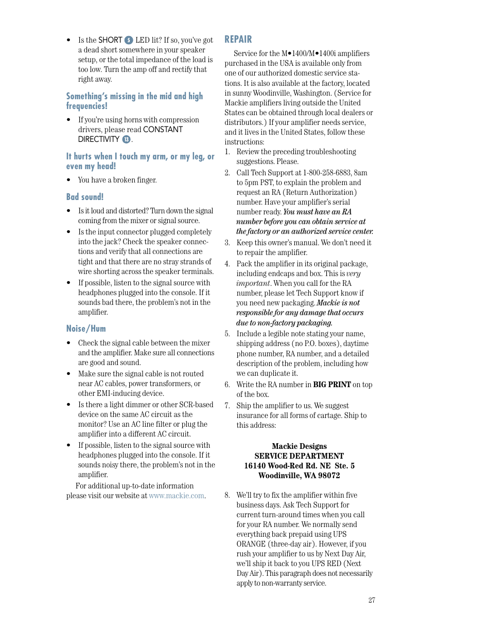 Repair, Troubleshooting | MACKIE M1400/M1400i User Manual | Page 27 / 32