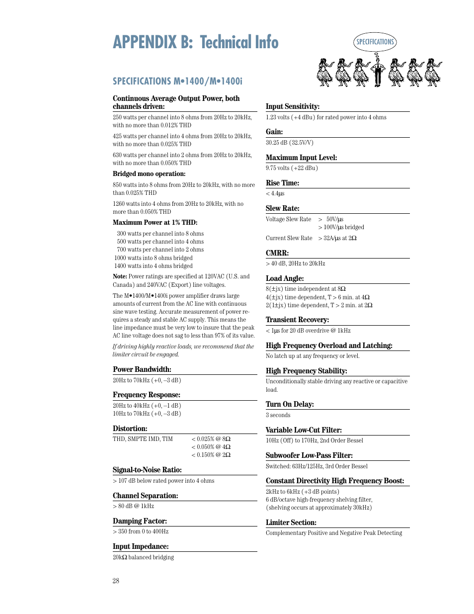 Appendix b: technical info, Specifications m•1400/m•1400i, Repair | MACKIE M1400/M1400i User Manual | Page 28 / 32