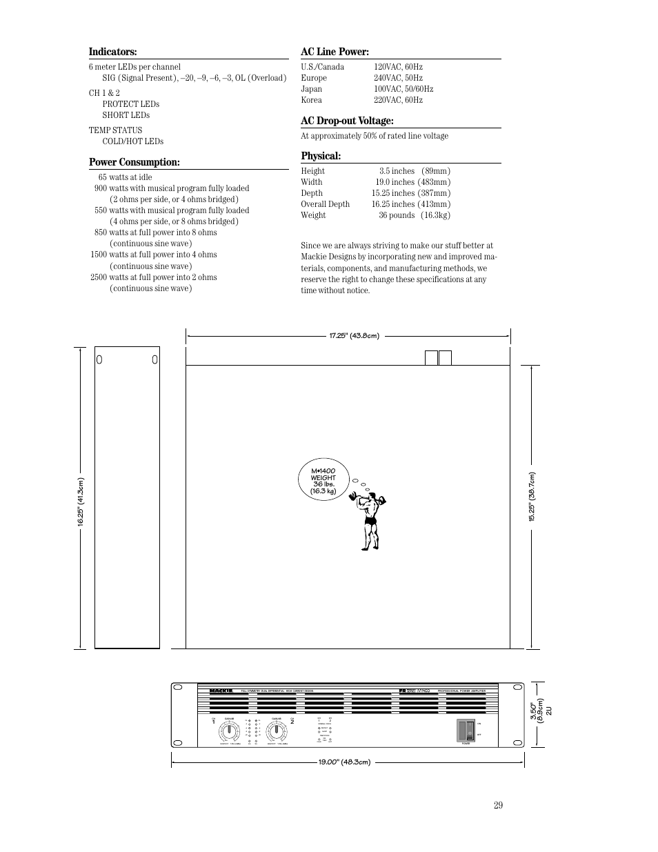 Indicators, Power consumption, Ac line power | Ac drop-out voltage, Physical, At approximately 50% of rated line voltage | MACKIE M1400/M1400i User Manual | Page 29 / 32