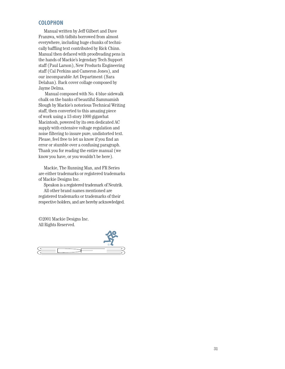 Colophon, Block diagram m•1400/m•1400i | MACKIE M1400/M1400i User Manual | Page 31 / 32