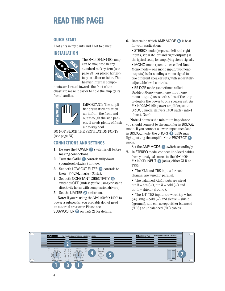 Quick start, Installation, Connections and settings | Read this page, I got ants in my pants and i got to dance | MACKIE M1400/M1400i User Manual | Page 4 / 32
