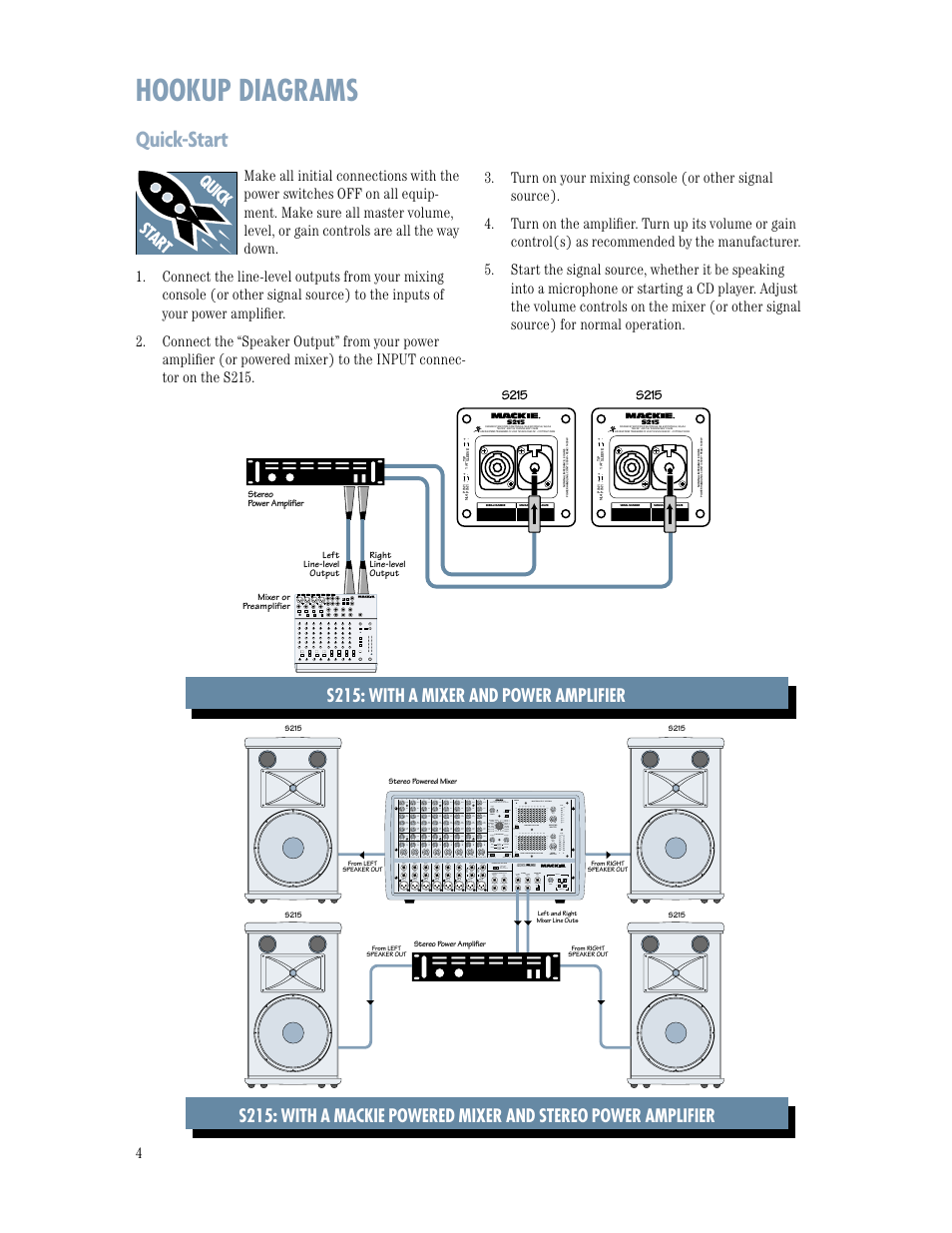 Hookup diagrams, Quick-start, S215: with a mixer and power amplifier | MACKIE S215 User Manual | Page 4 / 12