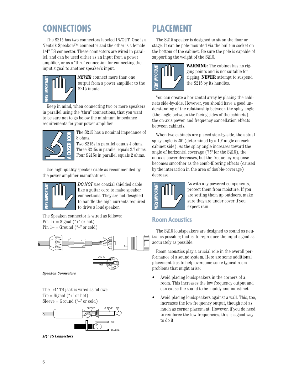 Connections, Placement, Room acoustics | MACKIE S215 User Manual | Page 6 / 12