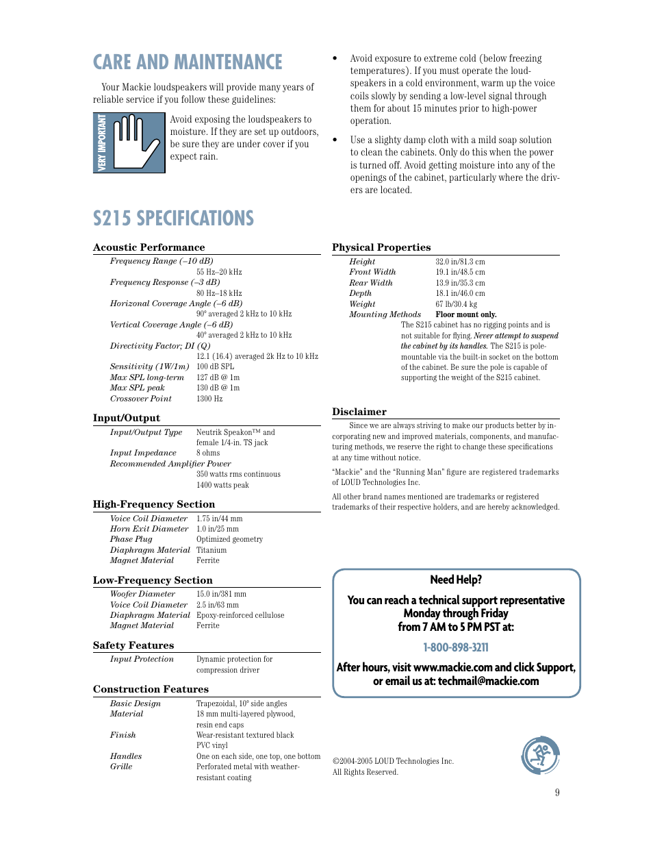 Care and maintenance, S215 specifications | MACKIE S215 User Manual | Page 9 / 12