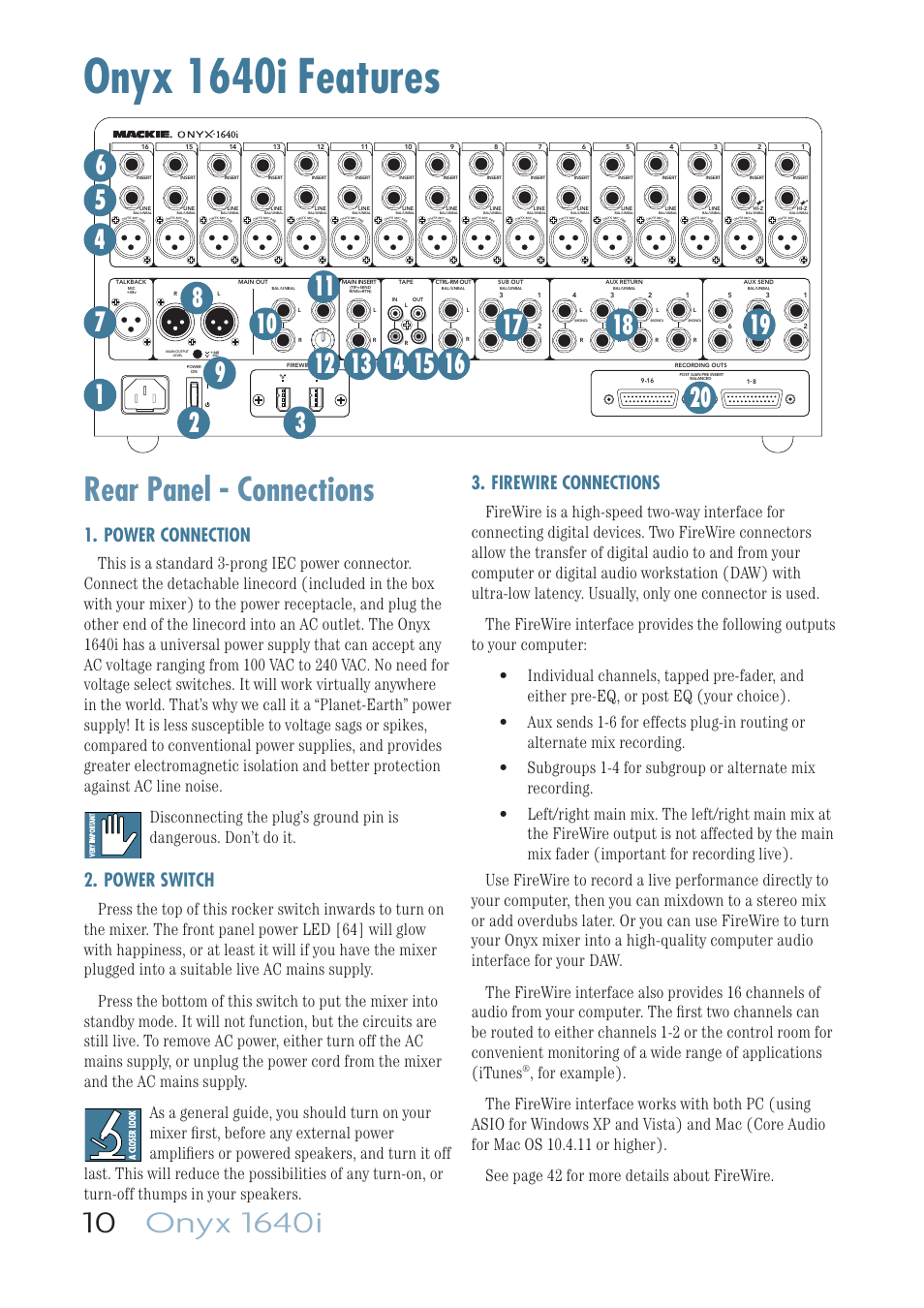 Rear panel - connections, Power connection, Power switch | Firewire connections, Onyx 1640i features | MACKIE ONYX 1640I User Manual | Page 10 / 50