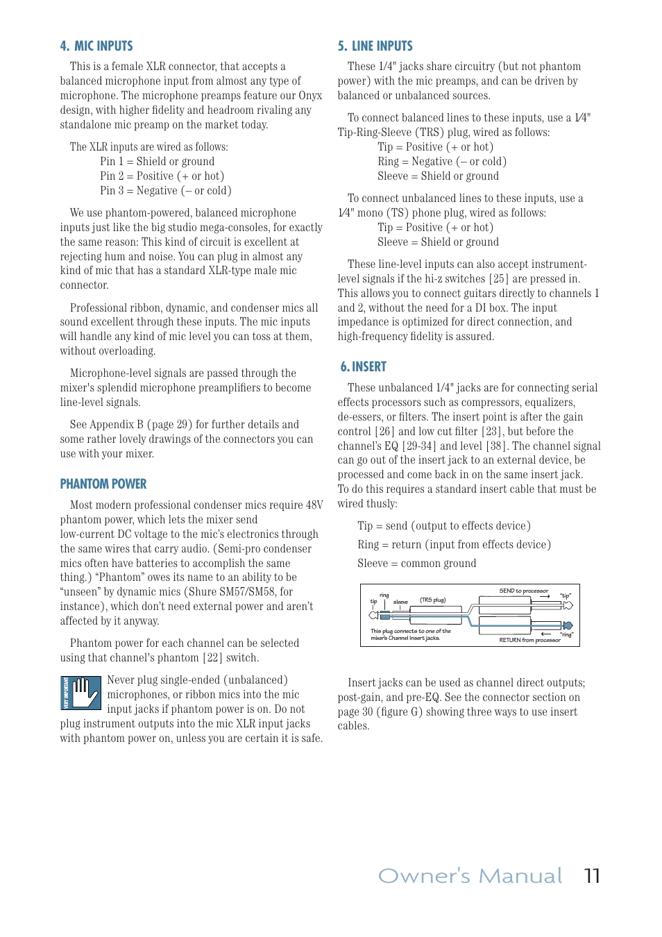Mic inputs, Line inputs, Insert | Owner's manual 11 | MACKIE ONYX 1640I User Manual | Page 11 / 50