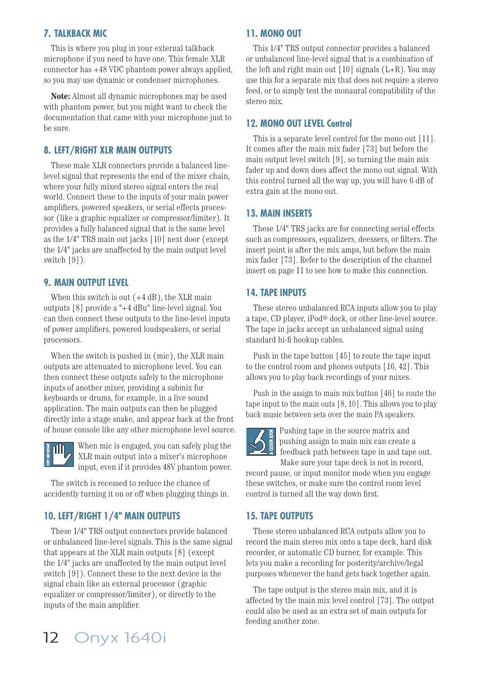 Talkback mic, Left/right xlr main outputs, Main output level | Left/right 1/4" main outputs, Mono out, Mono out level control, Main inserts, Tape inputs, Tape outputs | MACKIE ONYX 1640I User Manual | Page 12 / 50