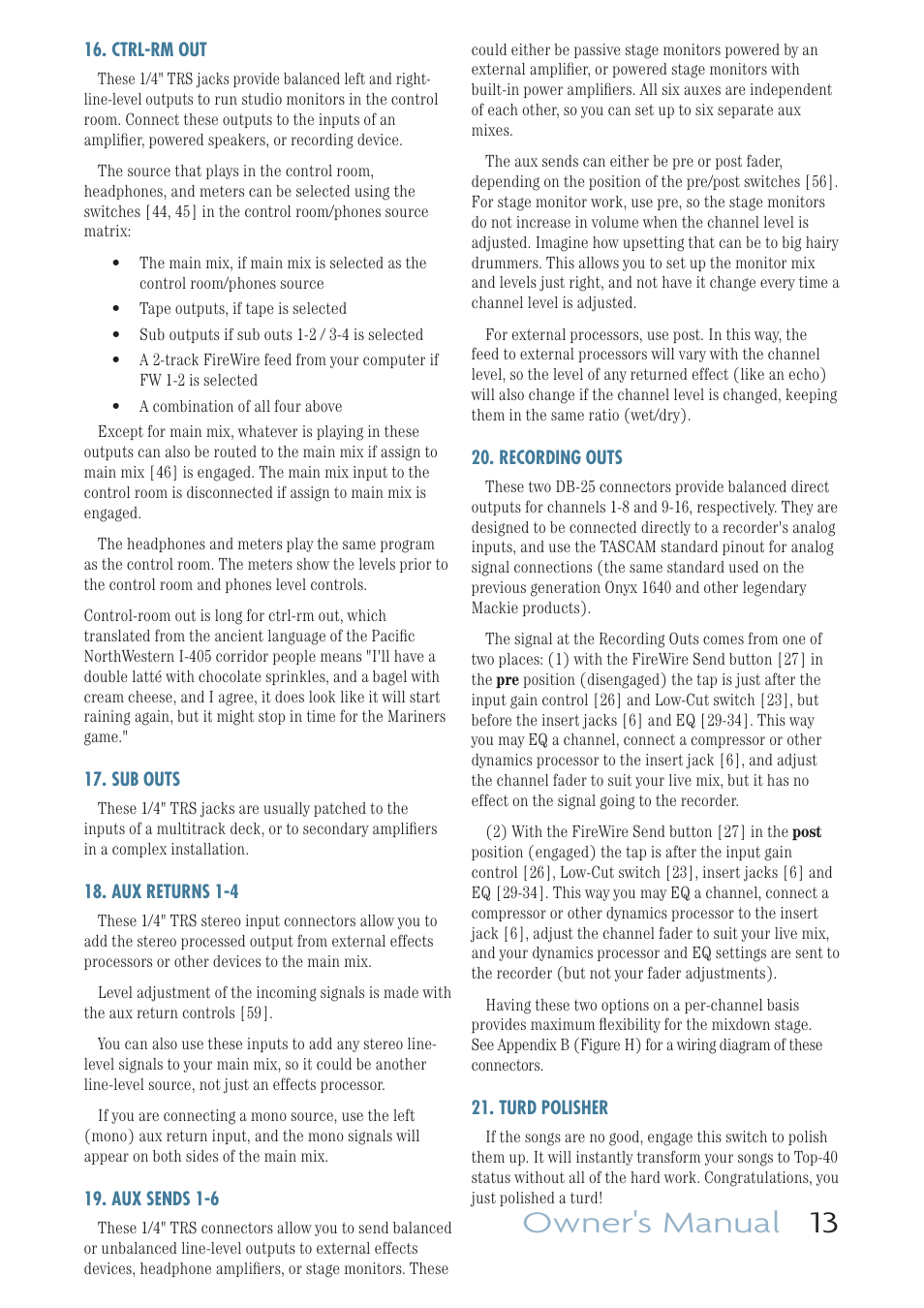 Ctrl-rm out, Sub outs, Aux returns 1-4 | Aux sends 1-6, Recording outs, Turd polisher, Owner's manual 13 | MACKIE ONYX 1640I User Manual | Page 13 / 50