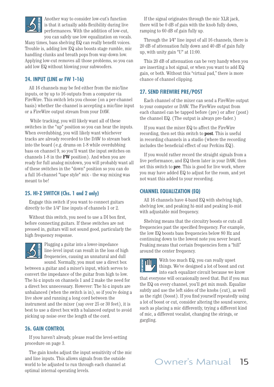Input (line or fw 1-16), Hi-z switch (chs 1 and 2 only), Gain control | Send firewire pre/post, Owner's manual 15 | MACKIE ONYX 1640I User Manual | Page 15 / 50