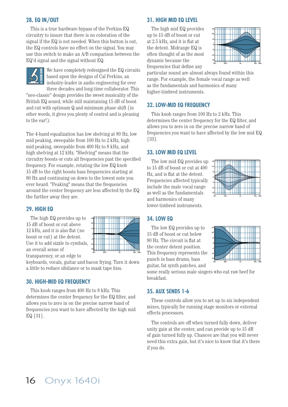 Eq in/out, High eq, High-mid eq frequency | High mid eq level, Low-mid eq frequency, Low mid eq level, Low eq, Aux sends 1-6 | MACKIE ONYX 1640I User Manual | Page 16 / 50