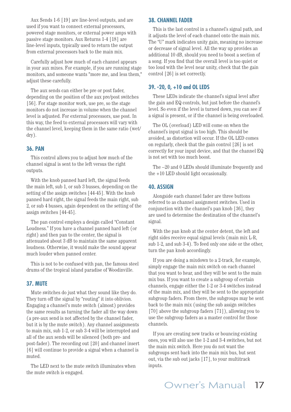 Mute, Channel fader, 39 , 0, +10 and ol leds | Assign, Owner's manual 17 | MACKIE ONYX 1640I User Manual | Page 17 / 50