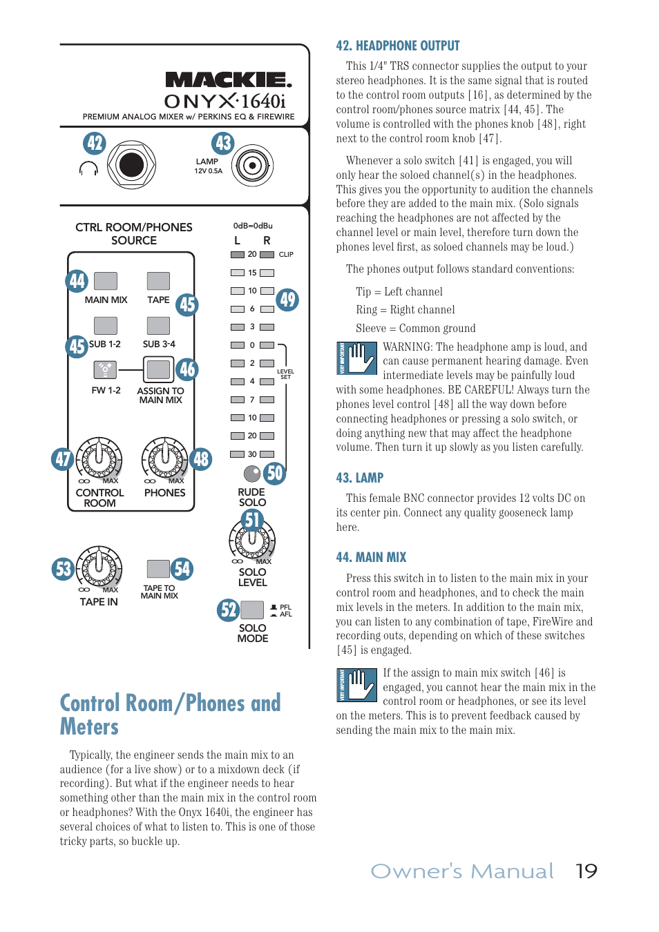 Control room/phones and meters, Headphone output, Lamp | Main mix, Owner's manual 19 | MACKIE ONYX 1640I User Manual | Page 19 / 50