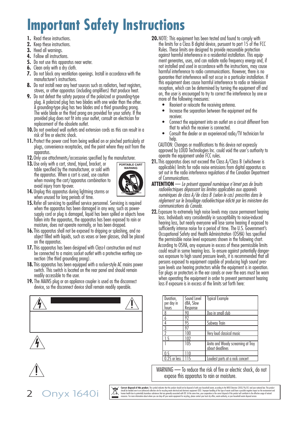 Important safety instructions | MACKIE ONYX 1640I User Manual | Page 2 / 50