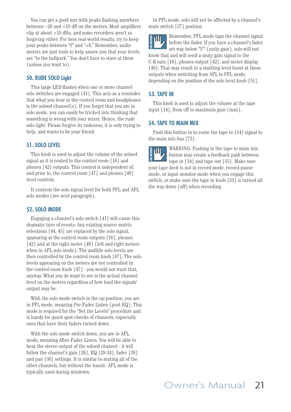 Rude solo light, Solo level, Solo mode | Tape in, Tape to main mix, Owner's manual 21 | MACKIE ONYX 1640I User Manual | Page 21 / 50
