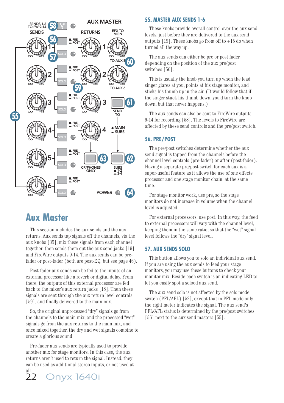 Aux master, Master aux sends 1-6, Pre/post | Aux sends solo | MACKIE ONYX 1640I User Manual | Page 22 / 50