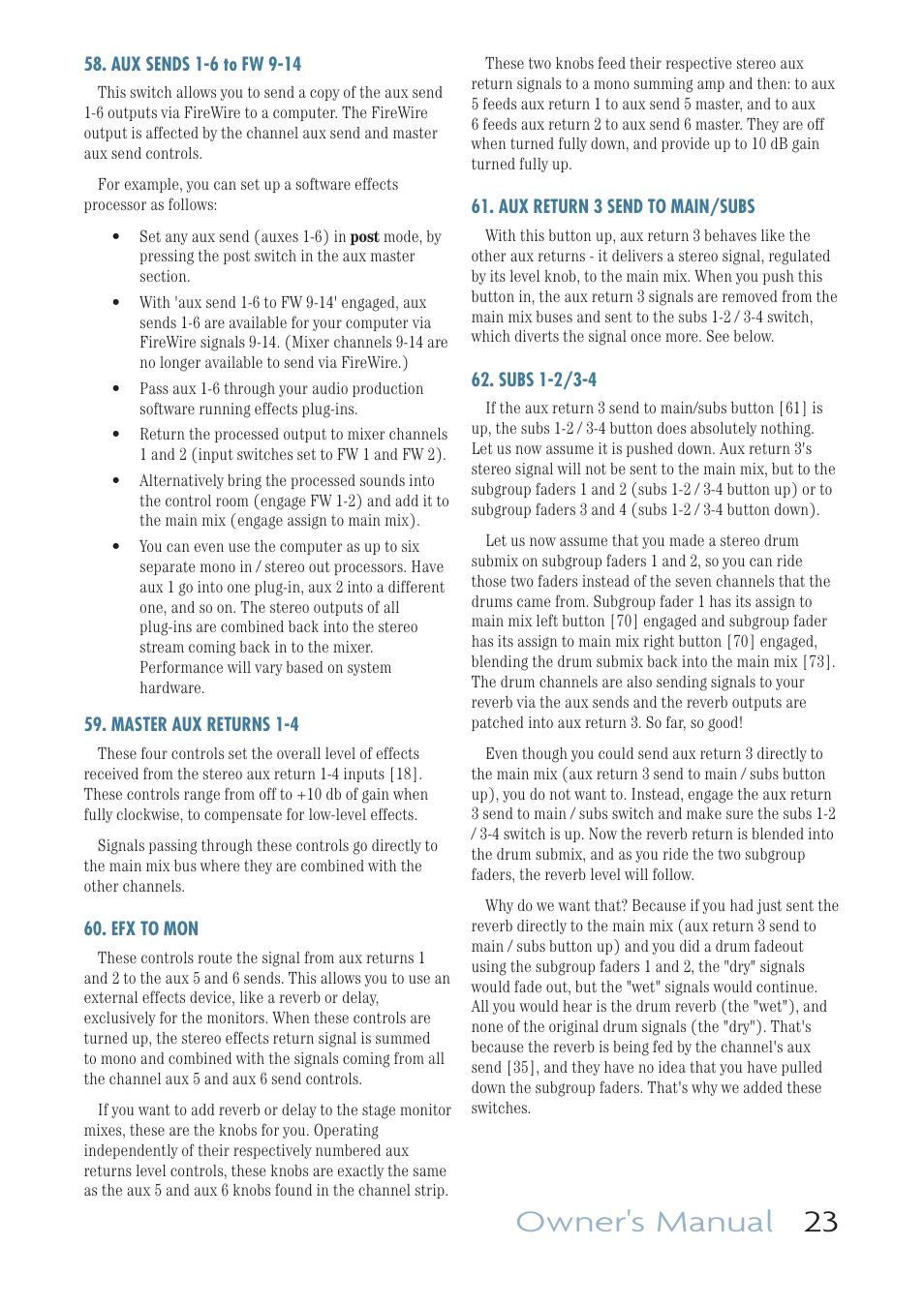Aux sends 1-6 to fw 9-14, Master aux returns 1-4, Efx to mon | Aux return 3 send to main/subs, Subs 1-2/3-4, Owner's manual 23 | MACKIE ONYX 1640I User Manual | Page 23 / 50