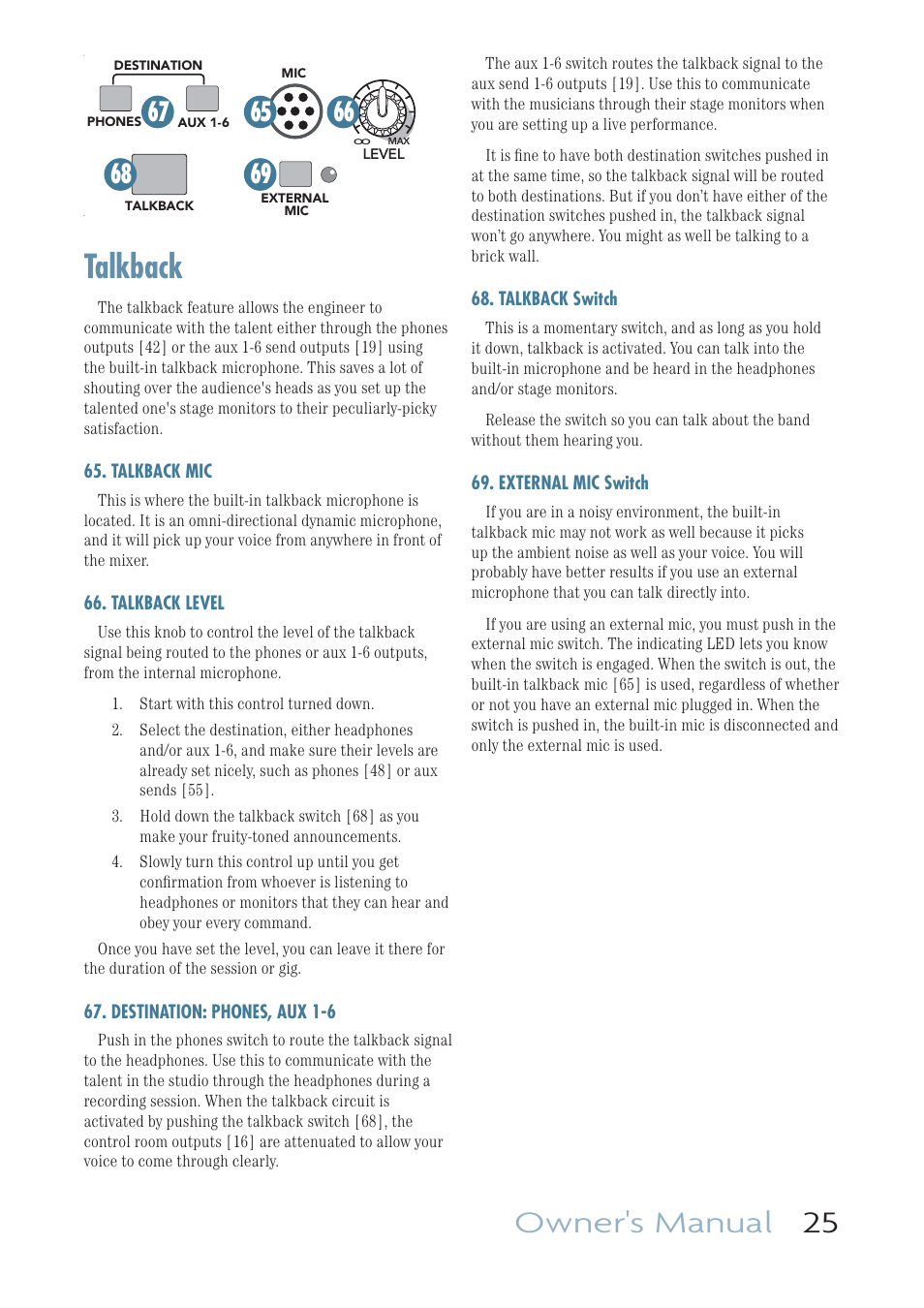 Talkback, Talkback mic, Talkback level | Destination: phones, aux 1-6, Talkback switch, External mic switch, Owner's manual 25 | MACKIE ONYX 1640I User Manual | Page 25 / 50