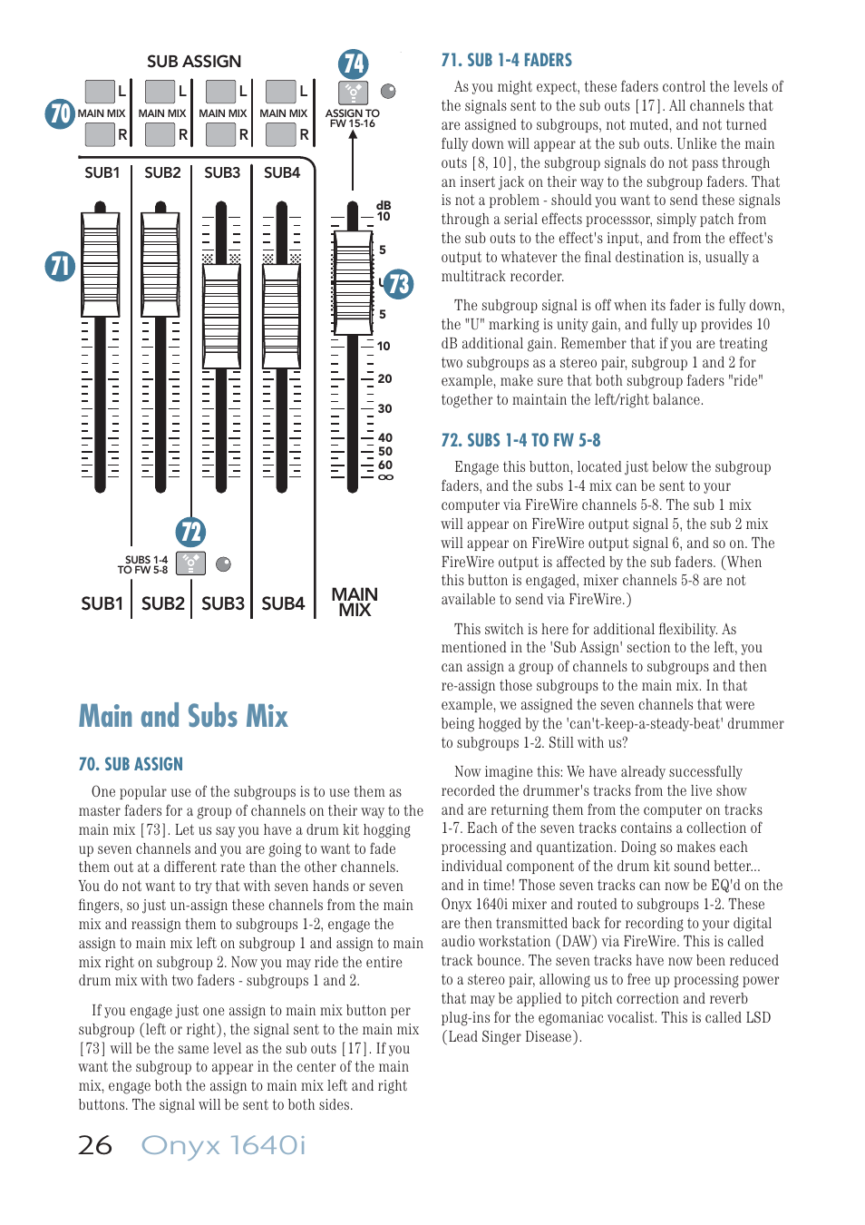 Main and subs mix, Sub assign, Sub 1-4 faders | Subs 1-4 to fw 5-8 | MACKIE ONYX 1640I User Manual | Page 26 / 50