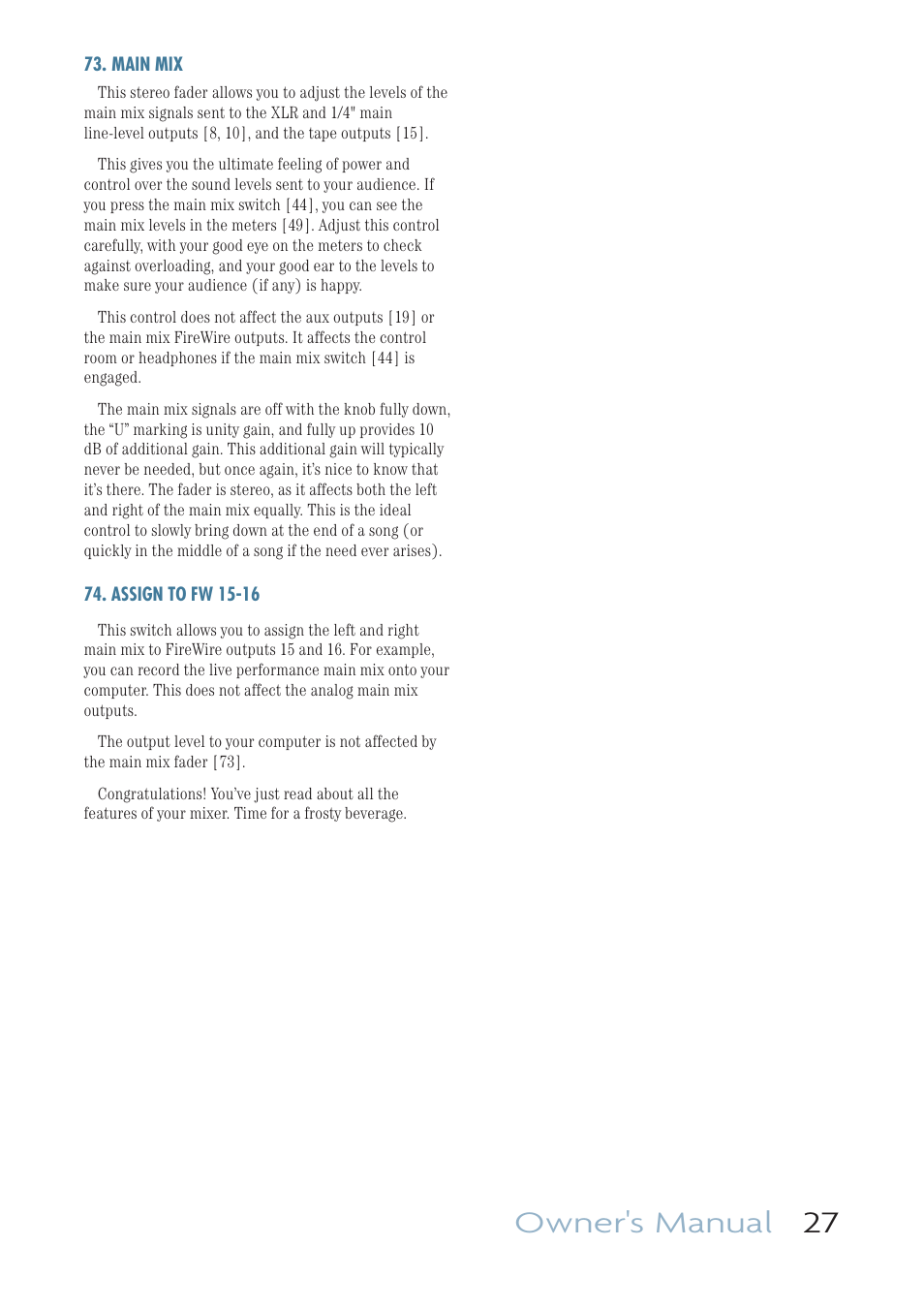 Main mix, Assign to fw 15-16, Owner's manual 27 | MACKIE ONYX 1640I User Manual | Page 27 / 50