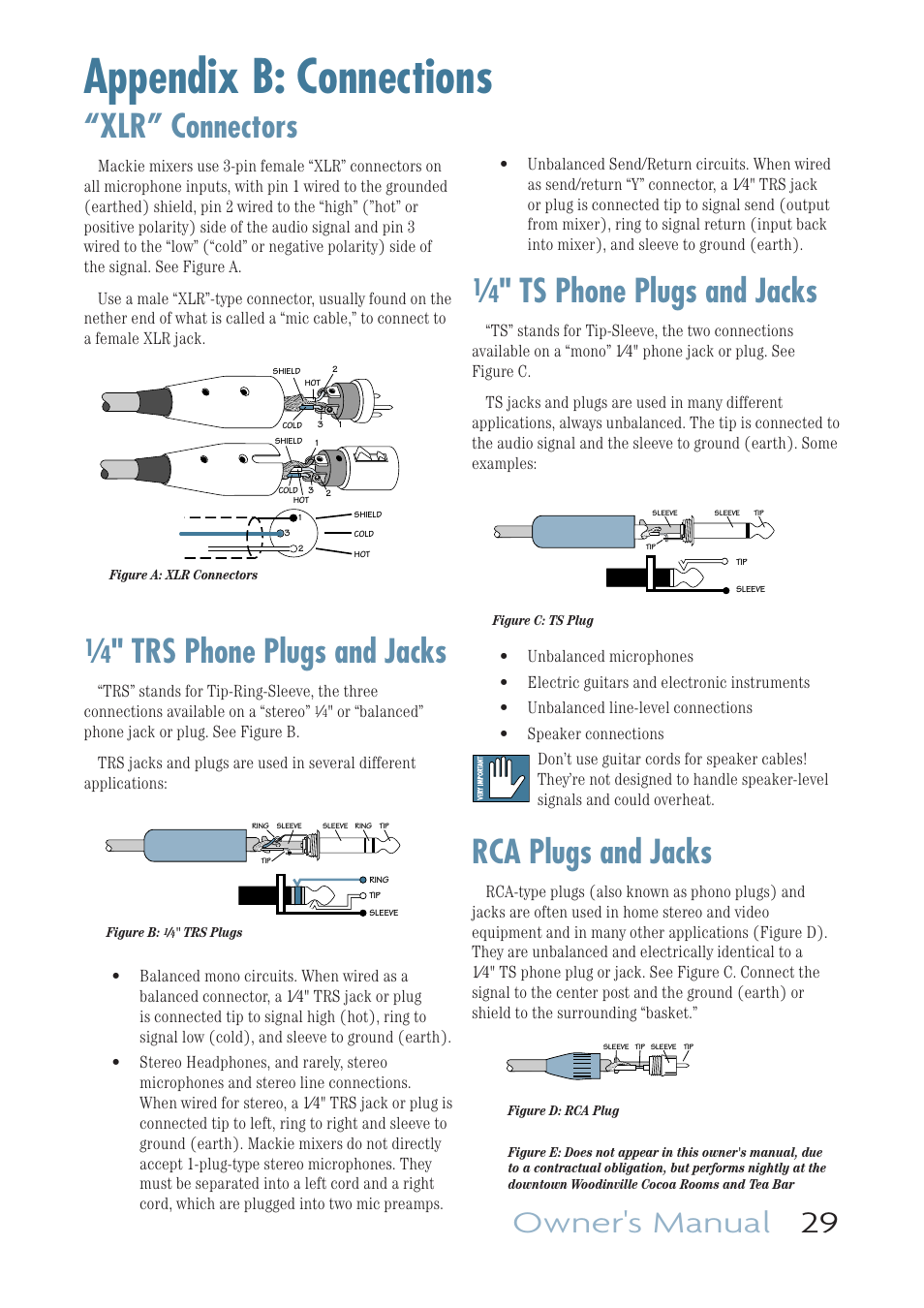 Appendix b: connections, Xlr” connectors, Trs phone plugs and jacks | Ts phone plugs and jacks, Rca plugs and jacks, Owner's manual 29 | MACKIE ONYX 1640I User Manual | Page 29 / 50
