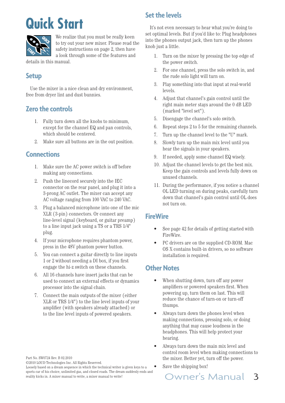 Quick start, Owner's manual 3, Set the levels | Firewire, Setup, Zero the controls, Connections | MACKIE ONYX 1640I User Manual | Page 3 / 50