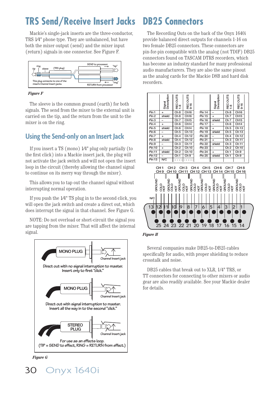 Trs send/receive insert jacks, Db25 connectors, Using the send-only on an insert jack | MACKIE ONYX 1640I User Manual | Page 30 / 50