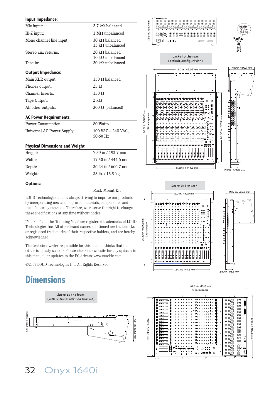 Dimensions | MACKIE ONYX 1640I User Manual | Page 32 / 50