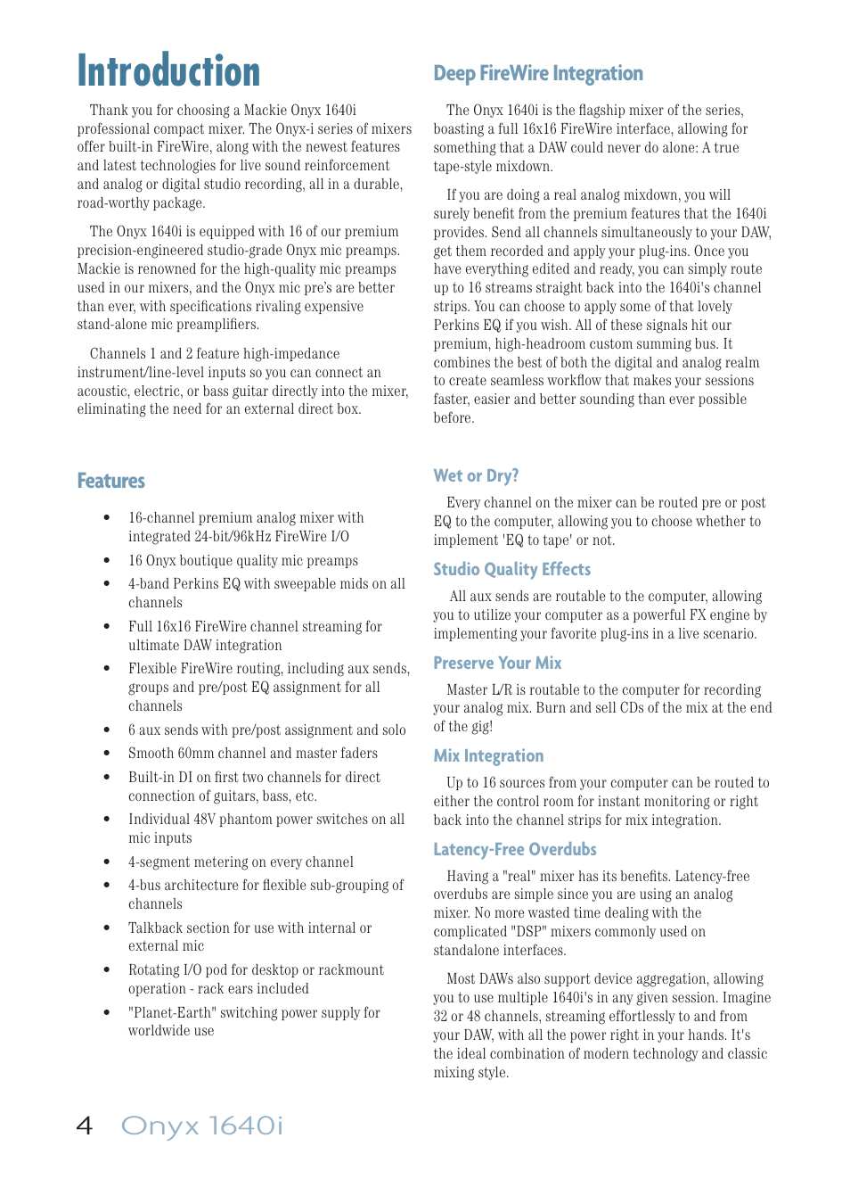 Introduction, Features, Deep firewire integration | MACKIE ONYX 1640I User Manual | Page 4 / 50