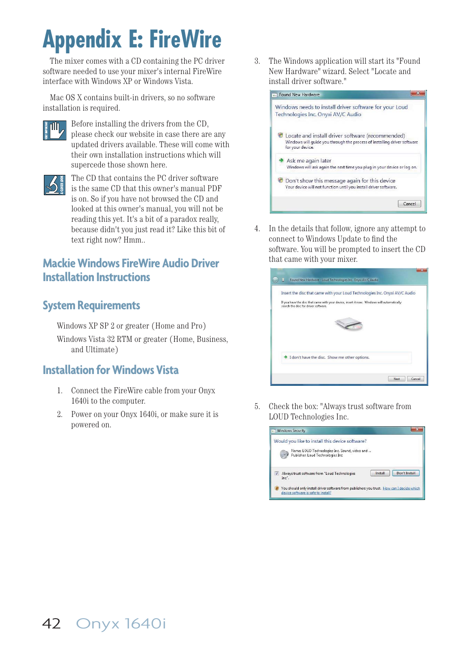 Appendix e: firewire, Installation for windows vista | MACKIE ONYX 1640I User Manual | Page 42 / 50