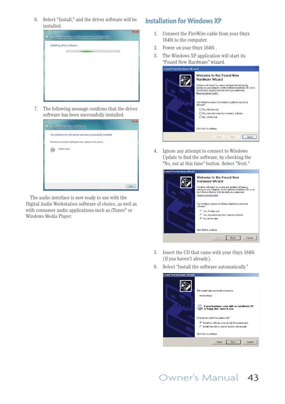 Owner's manual 43, Installation for windows xp | MACKIE ONYX 1640I User Manual | Page 43 / 50