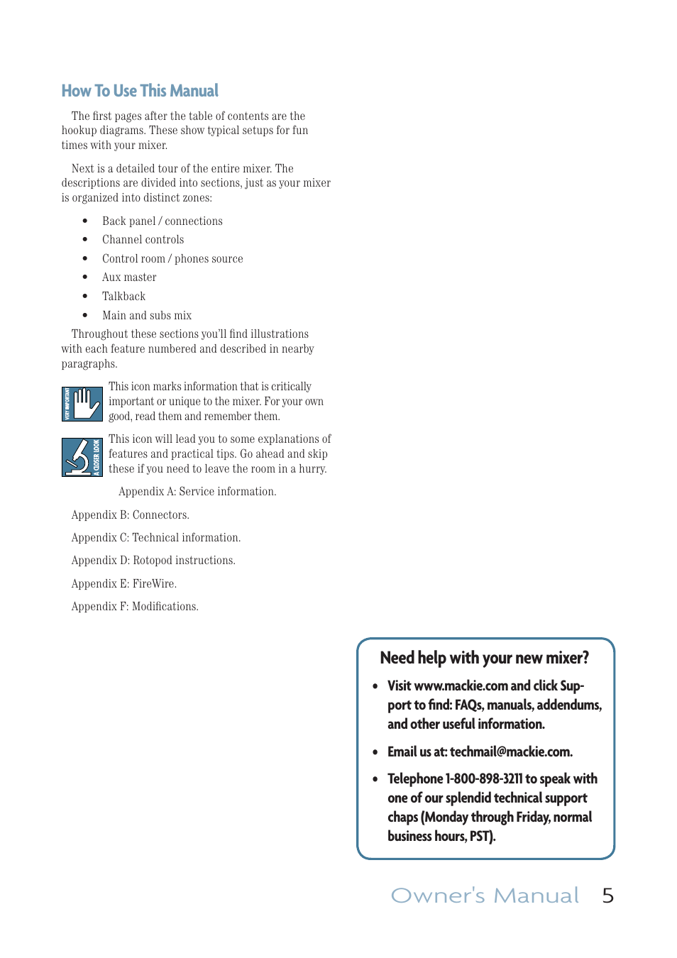 Owner's manual 5, How to use this manual, Need help with your new mixer | MACKIE ONYX 1640I User Manual | Page 5 / 50
