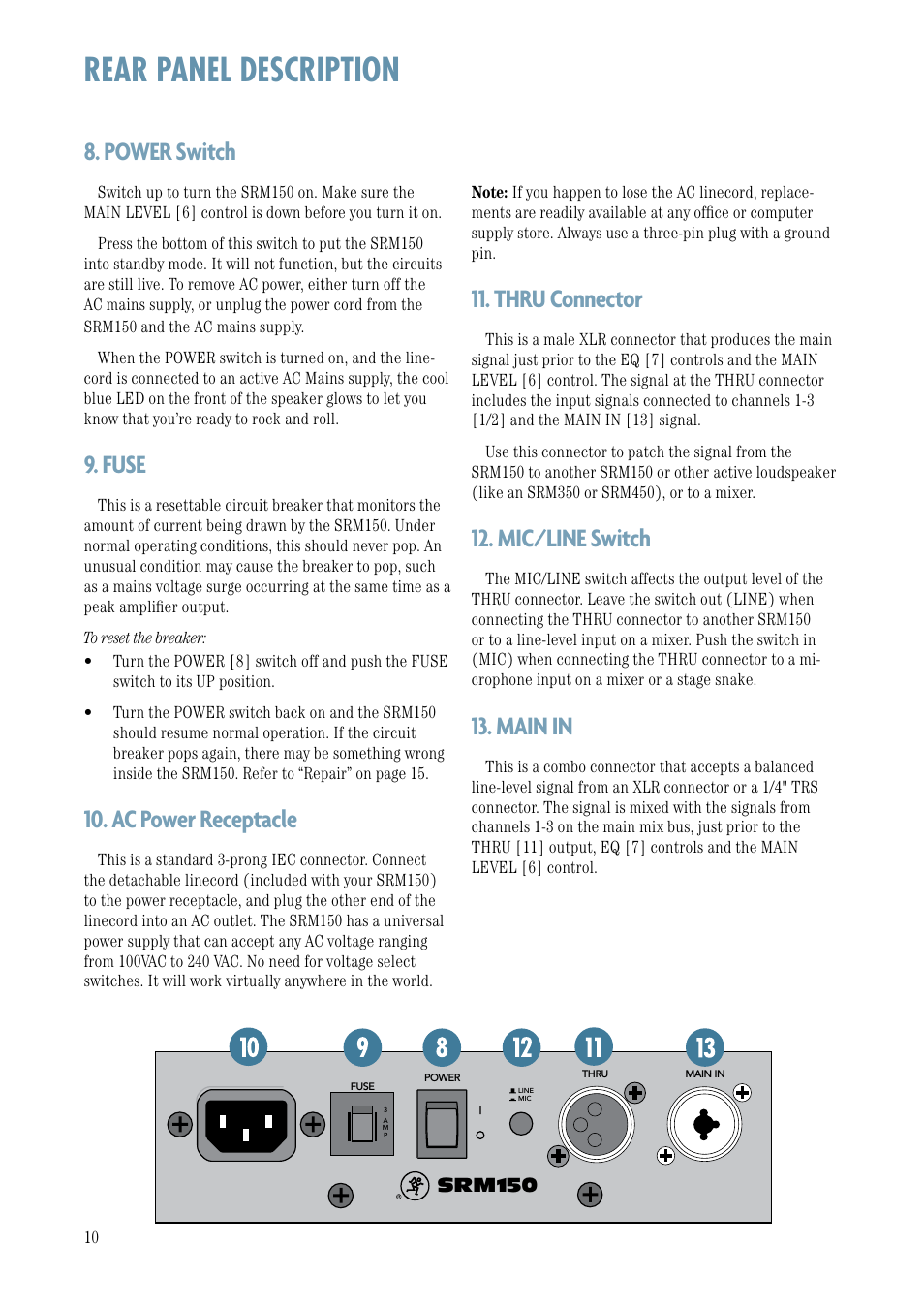 Rear panel description, Power switch, Fuse | Ac power receptacle, Thru connector, Mic/line switch, Main in | MACKIE Srm150 User Manual | Page 10 / 20