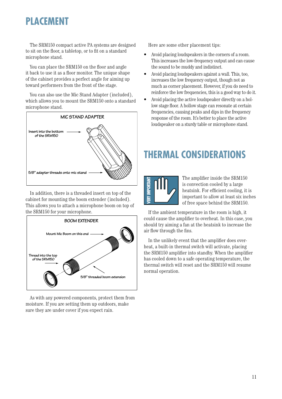 Placement, Thermal considerations, Placement thermal considerations | MACKIE Srm150 User Manual | Page 11 / 20