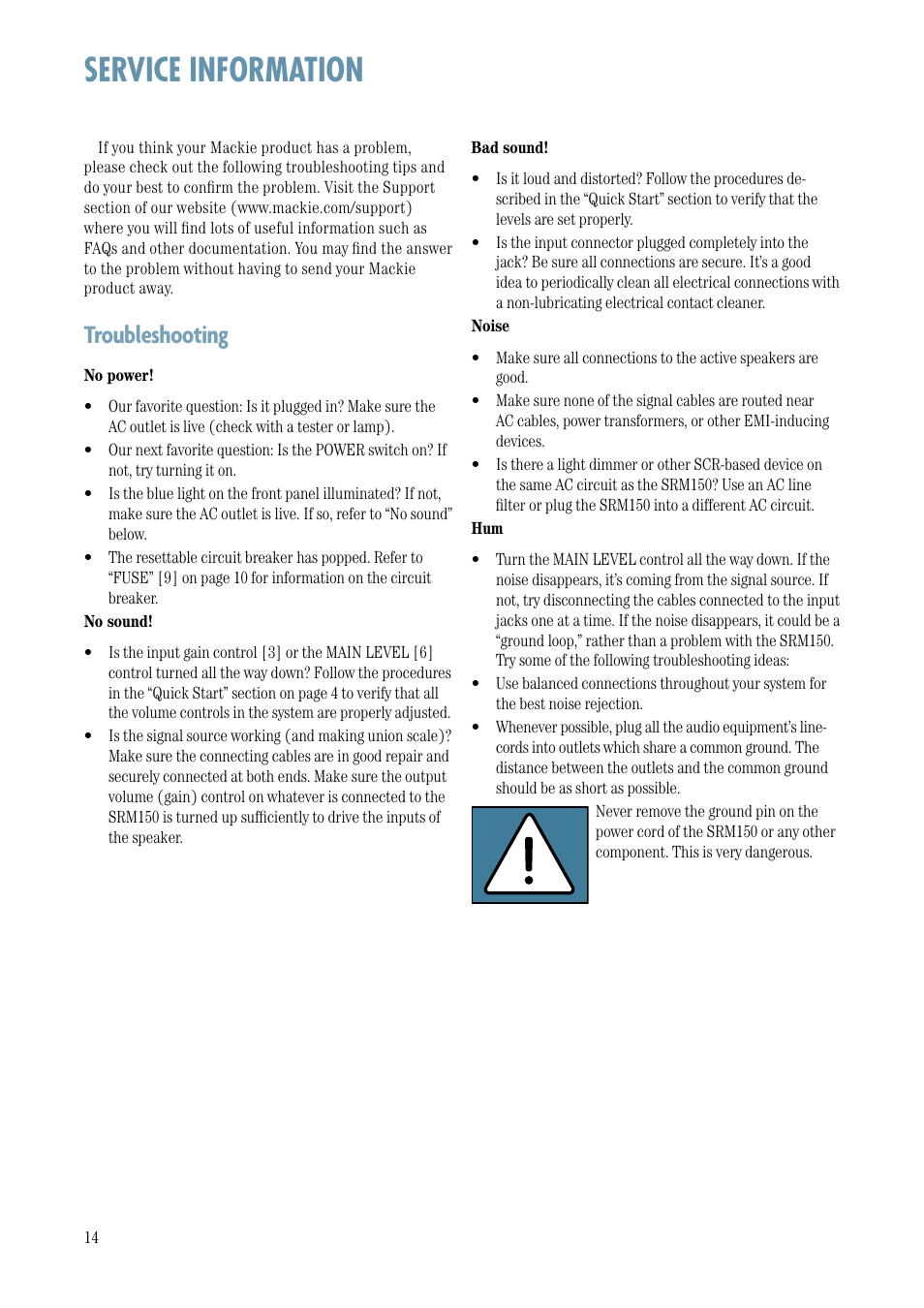 Service information, Troubleshooting | MACKIE Srm150 User Manual | Page 14 / 20