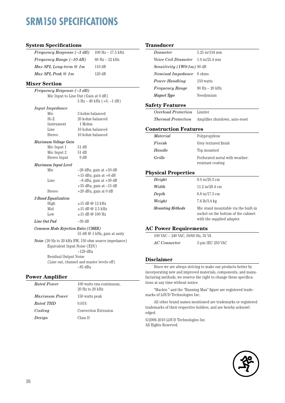 Srm150 specifications | MACKIE Srm150 User Manual | Page 16 / 20